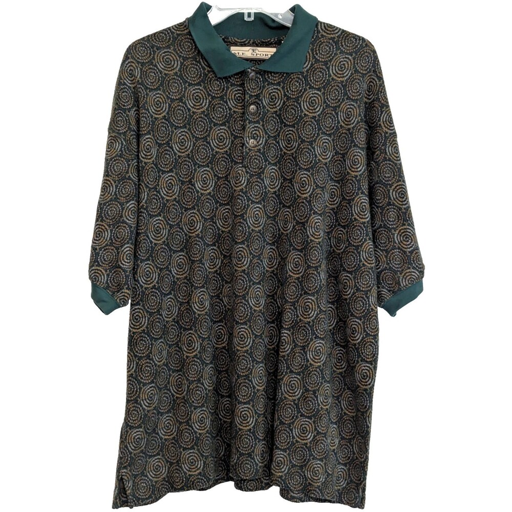 VTG M.E. Sport Men's XL Polo Shirt Green Gold Abstract Spiral Swirl Knit 90s